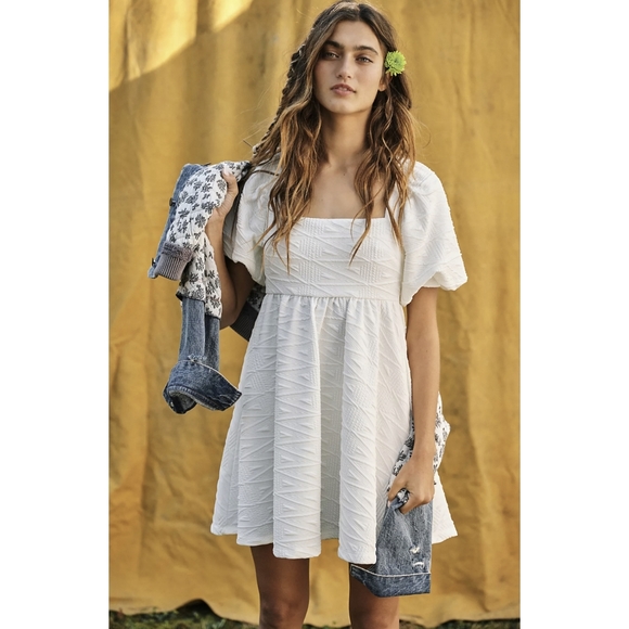 Free People White Babydoll Mini Dress Violet Square Neck Short Puff Sleeves - Picture 2 of 15